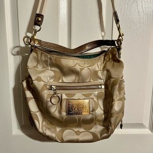 Coach Poppy Signature Canvas Leather Drawstring Hobo Crossbody Bag Purse